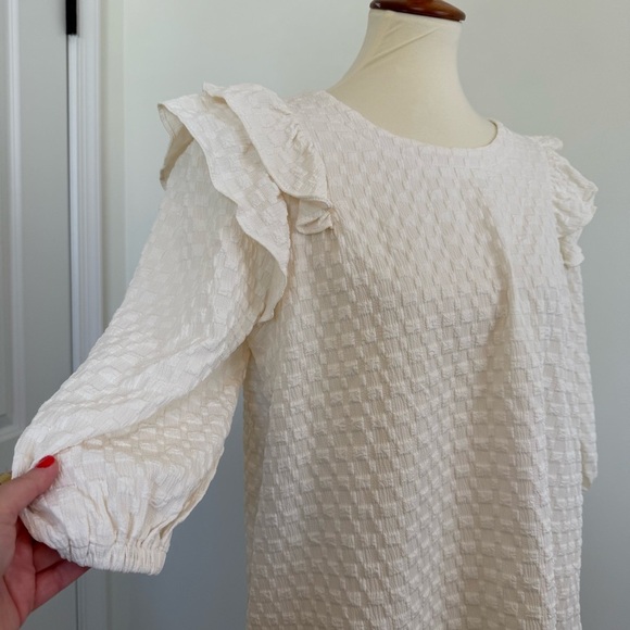 Umgee Ivory Textured Jacquard Blouse Ruffle Cap Sleeve Size L Checkered Prairie - Picture 2 of 10